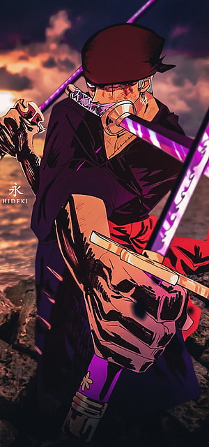 Roronoa Zoro Wielding Three Swords in Dramatic Anime Artwork HD phone wallpaper