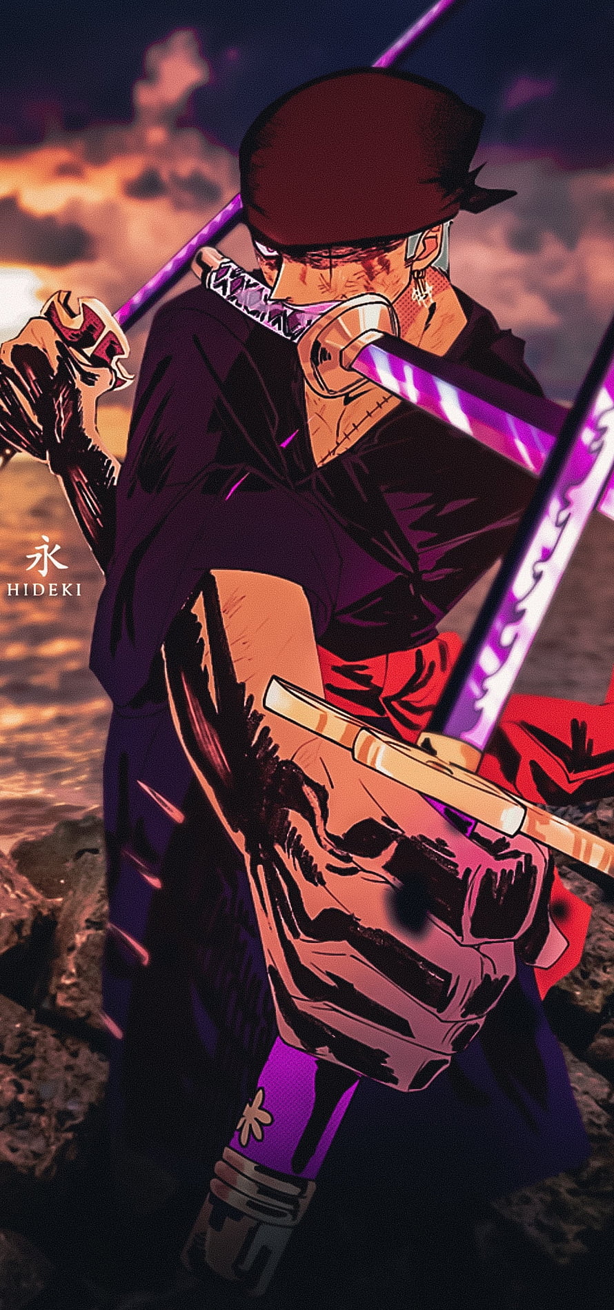 Roronoa Zoro Wielding Three Swords in Dramatic Anime Artwork HD phone wallpaper