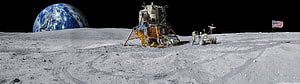 Apollo Lunar Module and Rover on the Moon with Earth Rising in the Black Sky HD wallpaper