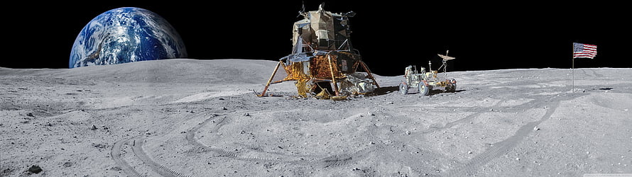 Apollo Lunar Module and Rover on the Moon with Earth Rising in the Black Sky HD wallpaper