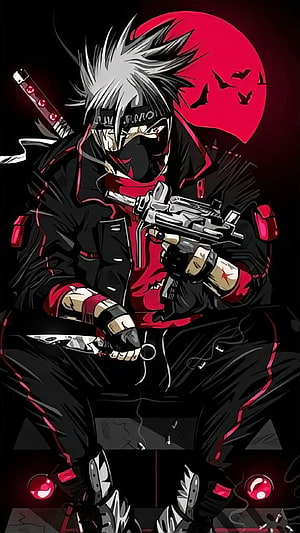 Anime Assassin Character With Gun And Knife Against Red Moon Background HD phone wallpaper