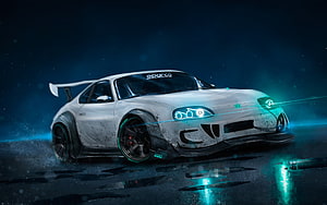 White Toyota Supra with Neon Cyan Lighting on Wet Asphalt at Night HD wallpaper