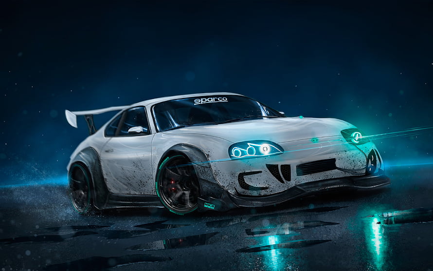 White Toyota Supra with Neon Cyan Lighting on Wet Asphalt at Night HD wallpaper