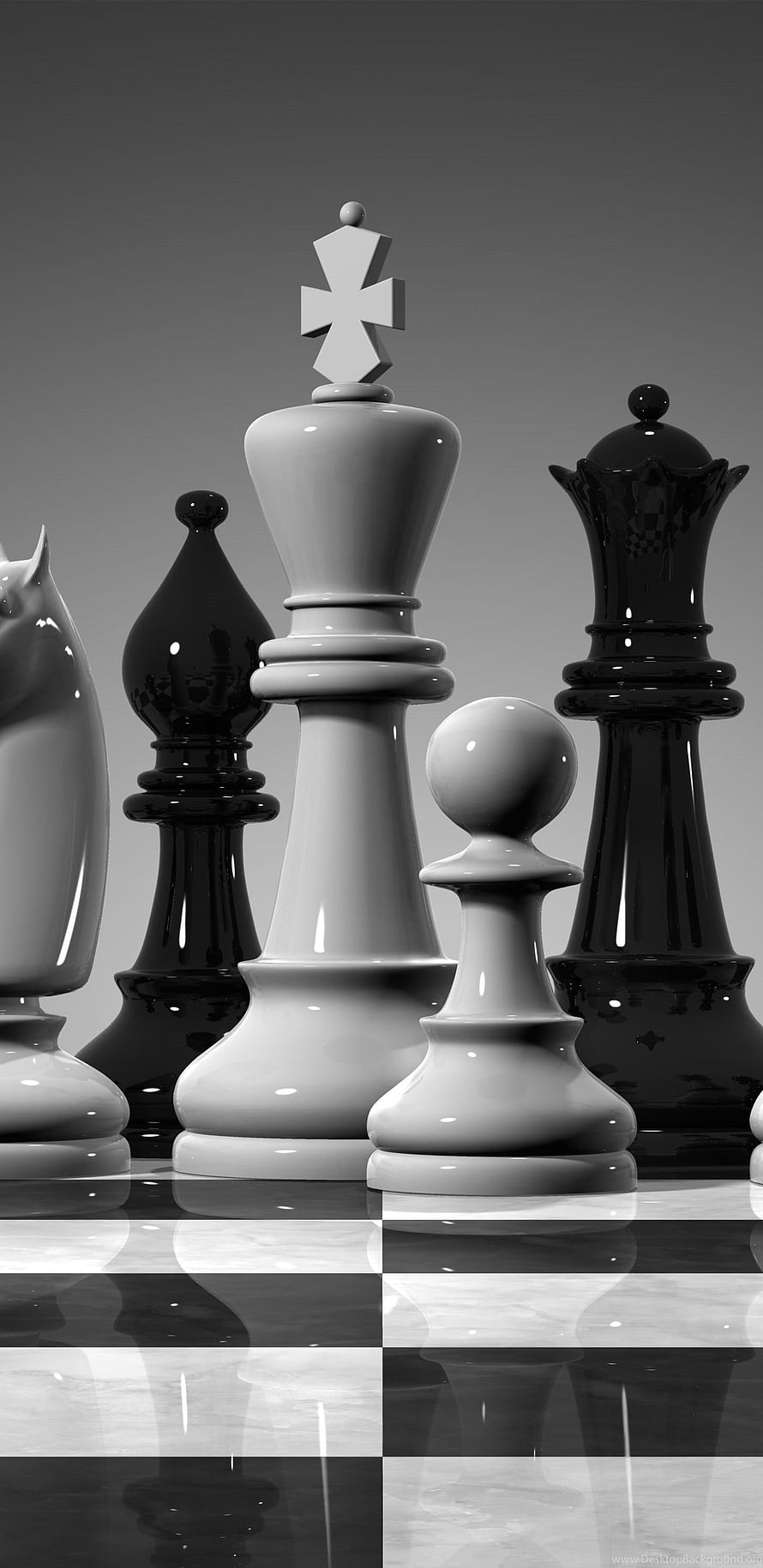 Glossy Black and White Chess Pieces on Reflective Board HD phone wallpaper