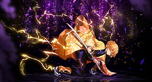 Tanjiro Kamado wielding sword with lightning aura and purple petals HD wallpaper