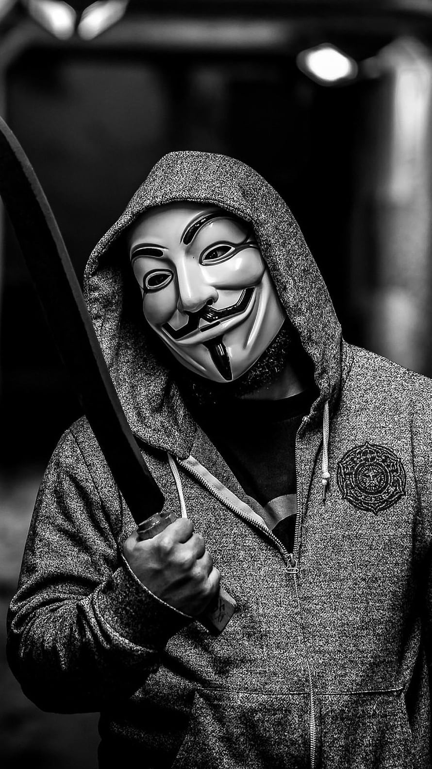 Anonymous Guy Fawkes Mask Hooded Figure Holding Sword in Black and White HD phone wallpaper