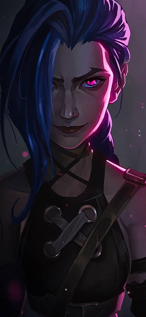 Jinx from Arcane with blue hair and glowing pink eyes in dark tactical gear HD phone wallpaper