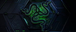 Razer Triple Snake Logo on Dark Hexagonal Tech Panel with Neon Green Glow HD wallpaper