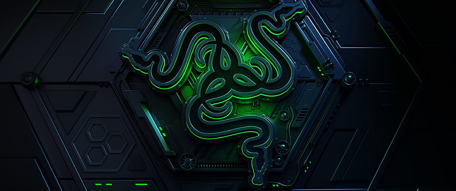 Razer Triple Snake Logo on Dark Hexagonal Tech Panel with Neon Green Glow HD wallpaper