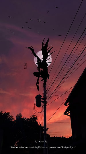 Death Note Ryuk Shinigami Perched on Utility Pole at Sunset HD phone wallpaper