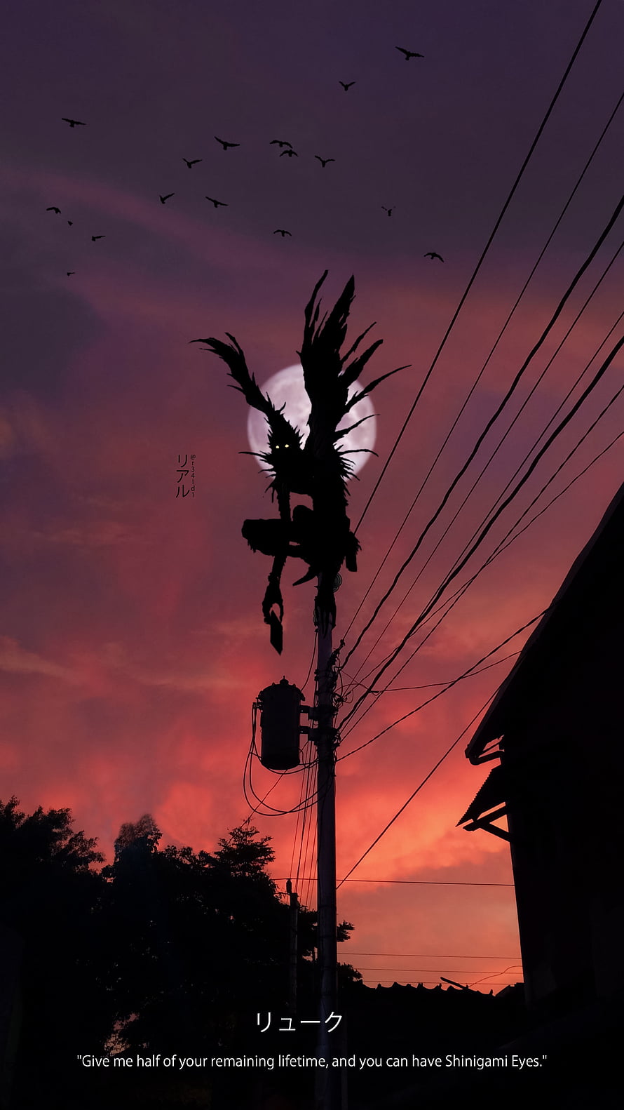 Death Note Ryuk Shinigami Perched on Utility Pole at Sunset HD phone wallpaper