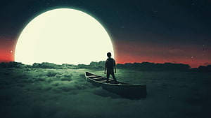 Lone Figure in Canoe Floating on Sea of Clouds Under Giant Moon HD wallpaper