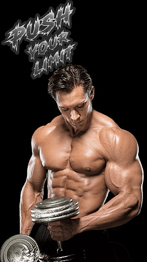 Muscular Bodybuilder Lifting Dumbbell With Push Your Limit Text On Black Background HD phone wallpaper