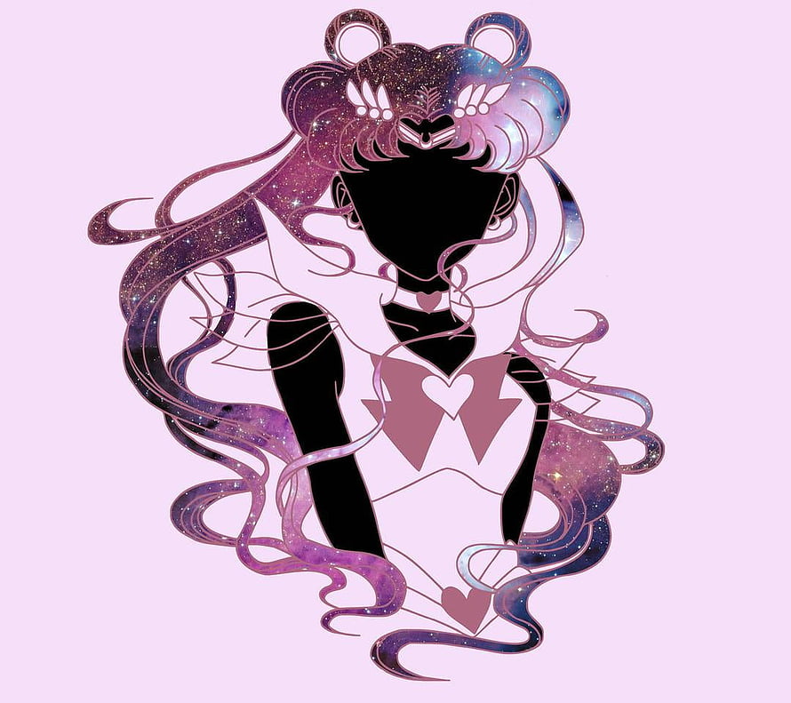 Super Sailor Moon Silhouette with Cosmic Galaxy Hair and Pastel Pink Background HD wallpaper