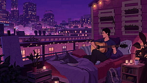 Man Playing Guitar on Rooftop Bed with Shark Plush and City Skyline at Night, Nobody loves me - Sad lofi mix, Lofi Couple HD wallpaper