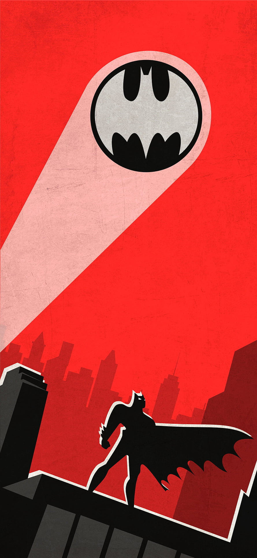 Batman Silhouette on Rooftop with Bat-Signal Against Red Sky, Batman: The Animated Series Red, Red Batman Logo HD phone wallpaper