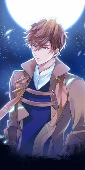 Anime Male Character With Brown Hair And Blue Eyes In A Trench Coat Under A Full Moon HD phone wallpaper