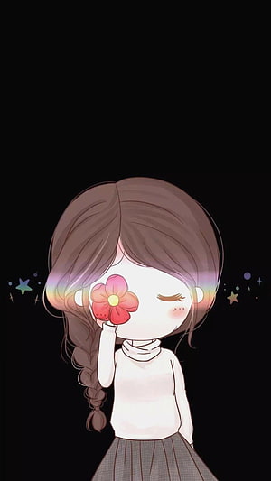 Cute Anime Girl Holding Flower Over Eye With Braid and Stars on Black Background HD phone wallpaper