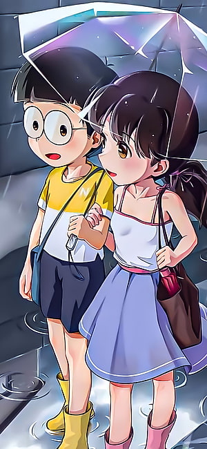 Nobita and Shizuka Walking Under an Umbrella in the Rain Anime Wallpaper HD phone wallpaper