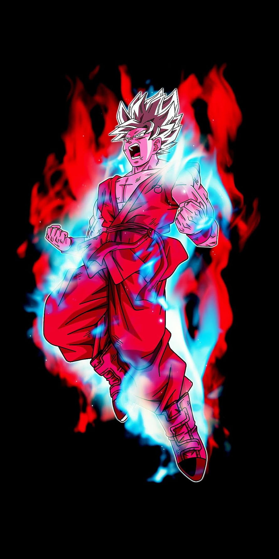 Goku Ultra Instinct Sign anime character surrounded by blue and red energy flames HD phone wallpaper