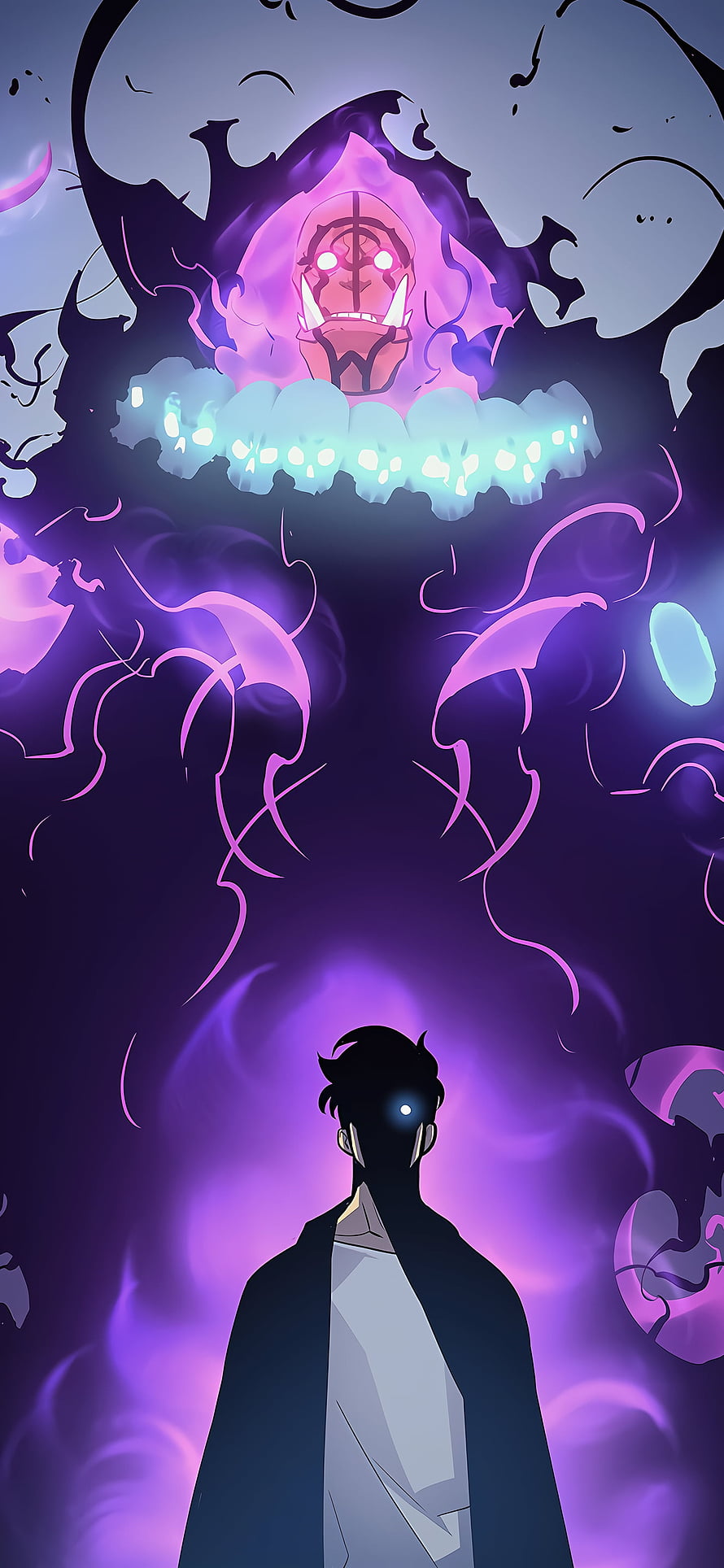 Solo Leveling: Shadow Monarch Confronting a Glowing Demon Lord in Purple Mist HD phone wallpaper