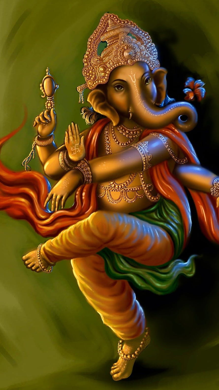 Vibrant Digital Art of Lord Ganesha Dancing with Golden Jewelry and Flowing Red Sash HD phone wallpaper