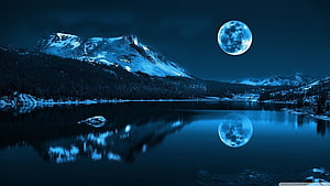 Full Moon Over Snow-Capped Mountains and a Calm Alpine Lake at Night HD wallpaper