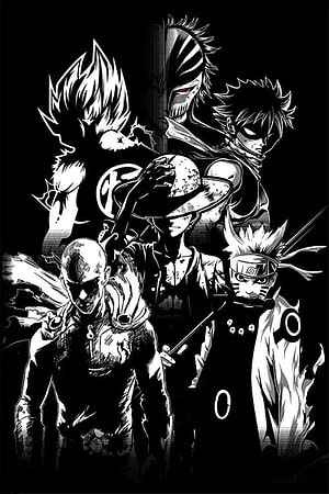 Black and White Anime Characters Group Illustration HD phone wallpaper