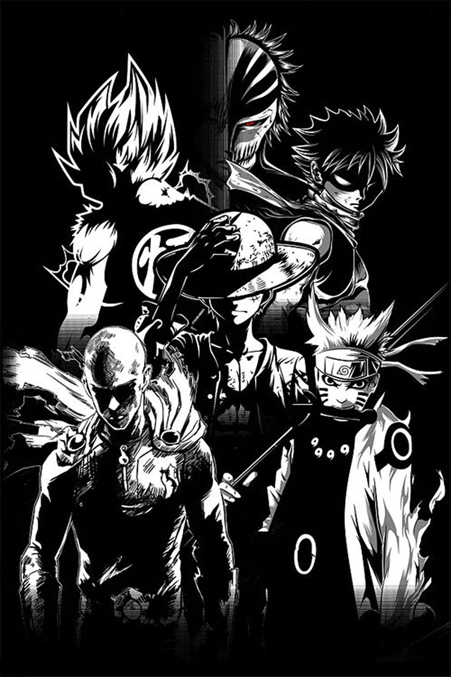 Black and White Anime Characters Group Illustration HD phone wallpaper