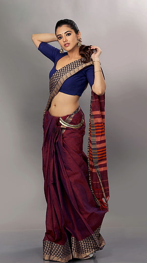 Woman in Maroon Saree with Blue Blouse and Gold Border, Malavika sharma, saree lover, telugu actress, navel show HD phone wallpaper