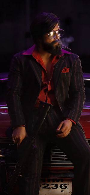 Stylish man in pinstripe suit smoking and holding a gun on a car hood, KGF Chapter 2, Rocky, Yash, entertainment, monster HD phone wallpaper