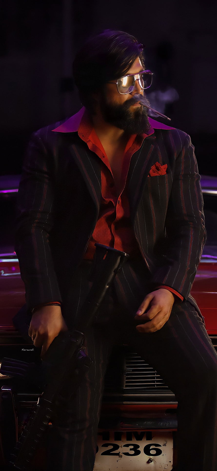 Stylish man in pinstripe suit smoking and holding a gun on a car hood, KGF Chapter 2, Rocky, Yash, entertainment, monster HD phone wallpaper