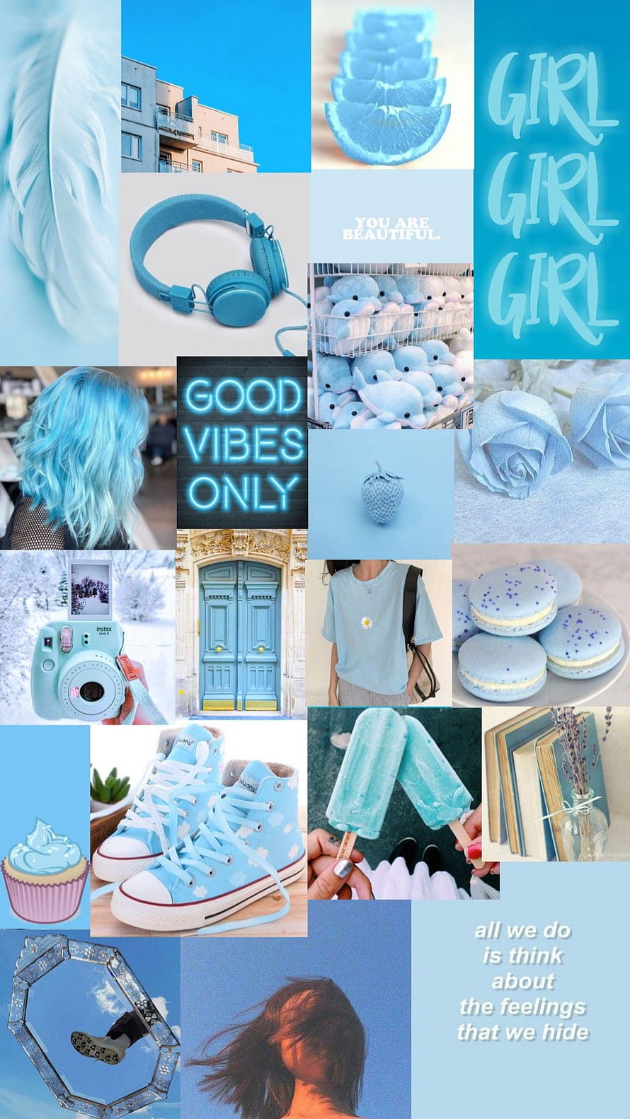 Soft Blue Aesthetic Collage with Pastel Items, Neon Signs, and Dreamy Mood HD phone wallpaper