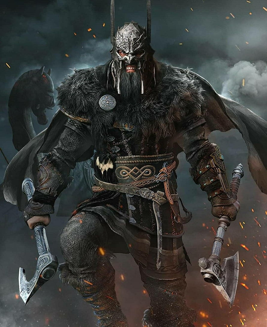 Viking Berserker Warrior Wielding Dual Axes in Dark Fantasy Concept Art HD phone wallpaper