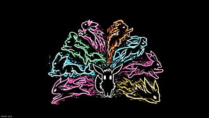 Neon Eevee Evolutions Fan Art with Vibrant Colorful Outlines on Black Background HD wallpaper