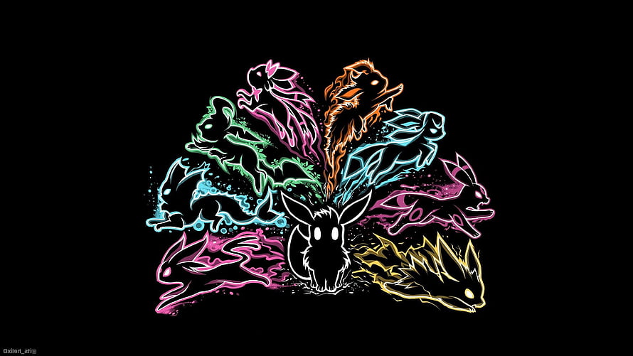 Neon Eevee Evolutions Fan Art with Vibrant Colorful Outlines on Black Background HD wallpaper
