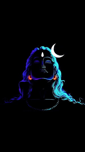 Neon Glowing Lord Shiva Portrait With Crescent Moon And Blue Hair HD phone wallpaper
