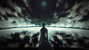 Anime Character Gazing at Moonlit Cityscape Under Swirling Clouds HD wallpaper