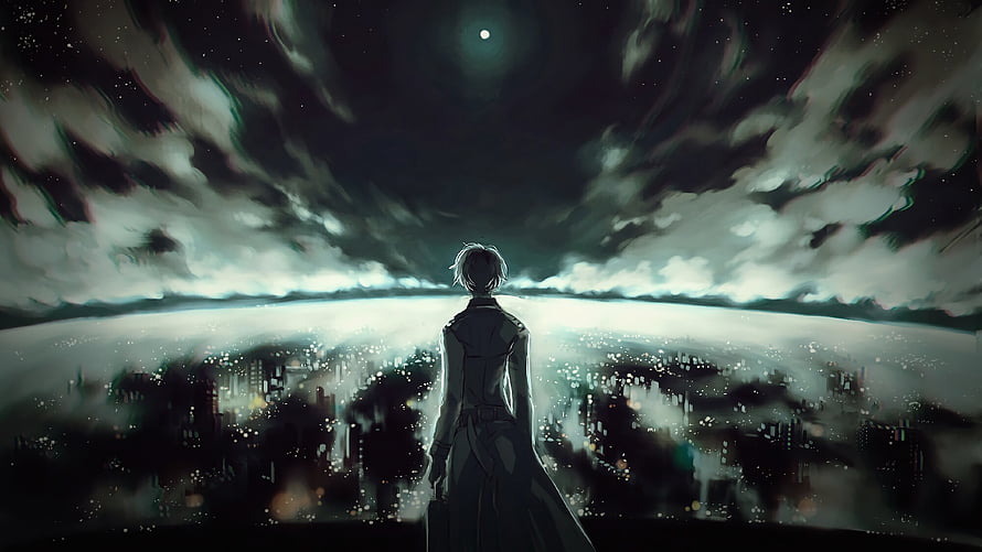 Anime Character Gazing at Moonlit Cityscape Under Swirling Clouds HD wallpaper