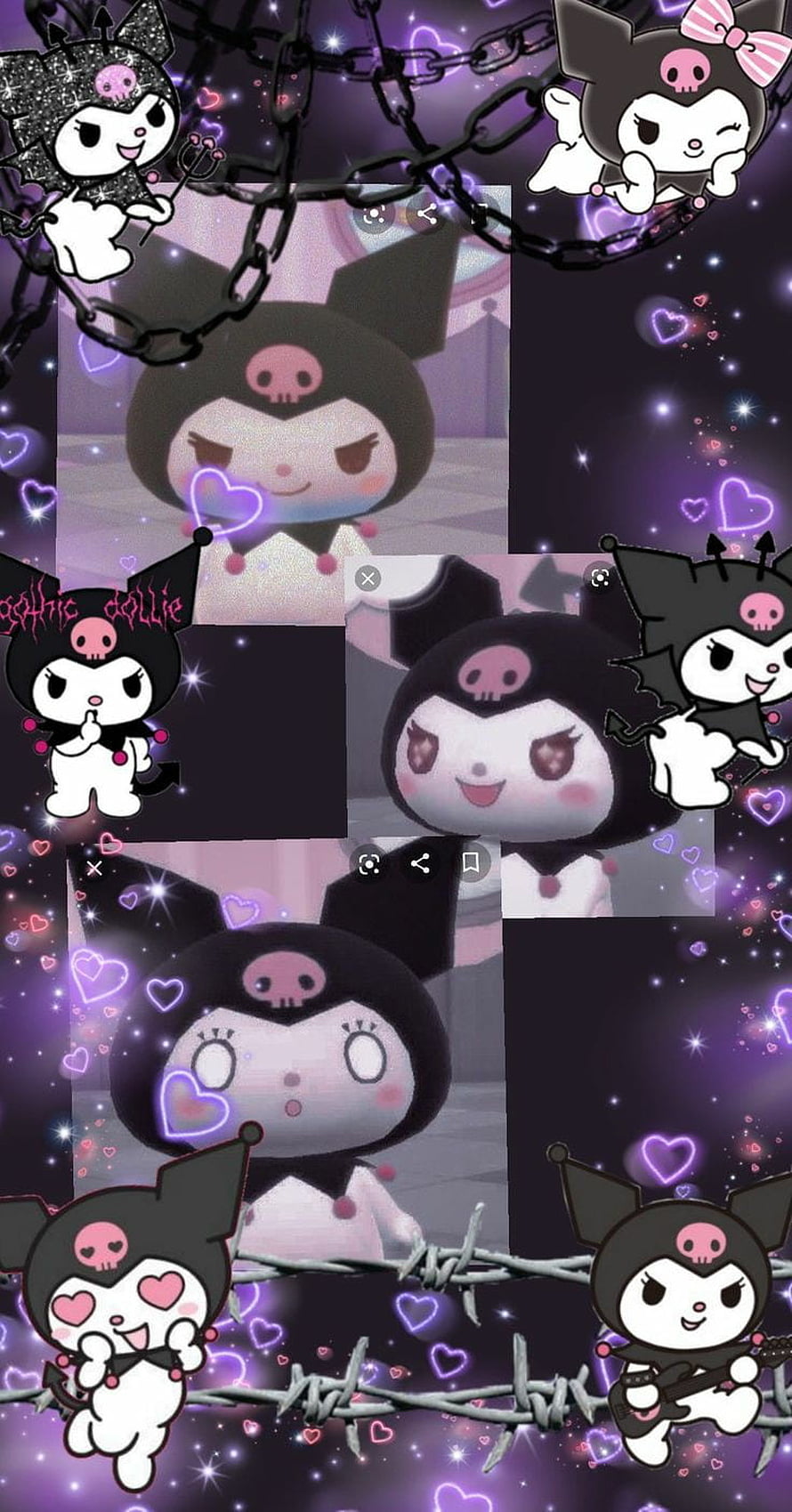 Gothic Kuromi Collage Wallpaper With Purple Hearts, Chains, And Barbed Wire Aesthetic HD phone wallpaper