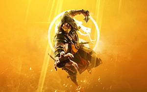 Scorpion from Mortal Kombat leaping forward with golden energy and dragon symbol background HD wallpaper