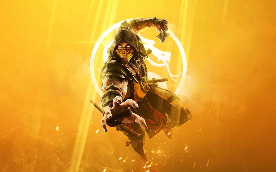 Scorpion from Mortal Kombat leaping forward with golden energy and dragon symbol background HD wallpaper