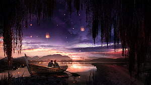 Romantic couple in a wooden boat on a calm lake at dusk with floating lanterns and weeping willows HD wallpaper