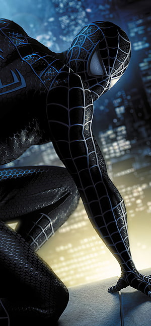 Spider-Man in Black Suit Crouching on Rooftop at Night, Black Spider Man XS MAX , , Background, and , Spider Man Mobile HD phone wallpaper