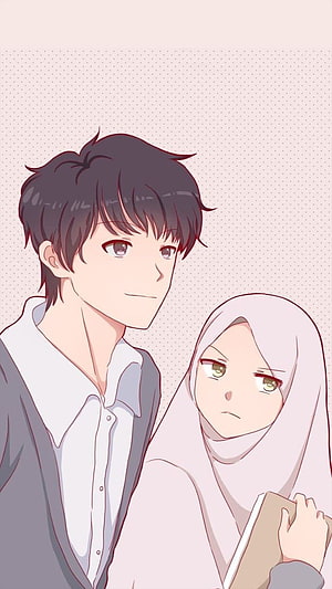 Anime Muslim Couple Illustration with Hijab and Book HD phone wallpaper