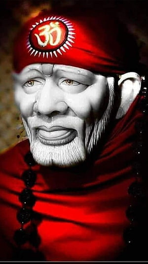 Sai Baba Portrait in Red Turban with Om Symbol and Prayer Beads HD phone wallpaper