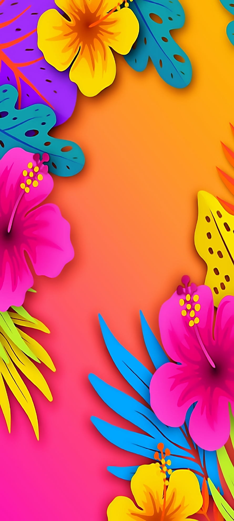 Vibrant Tropical Hibiscus and Palm Leaves in a Colorful Paper Cutout Style HD phone wallpaper