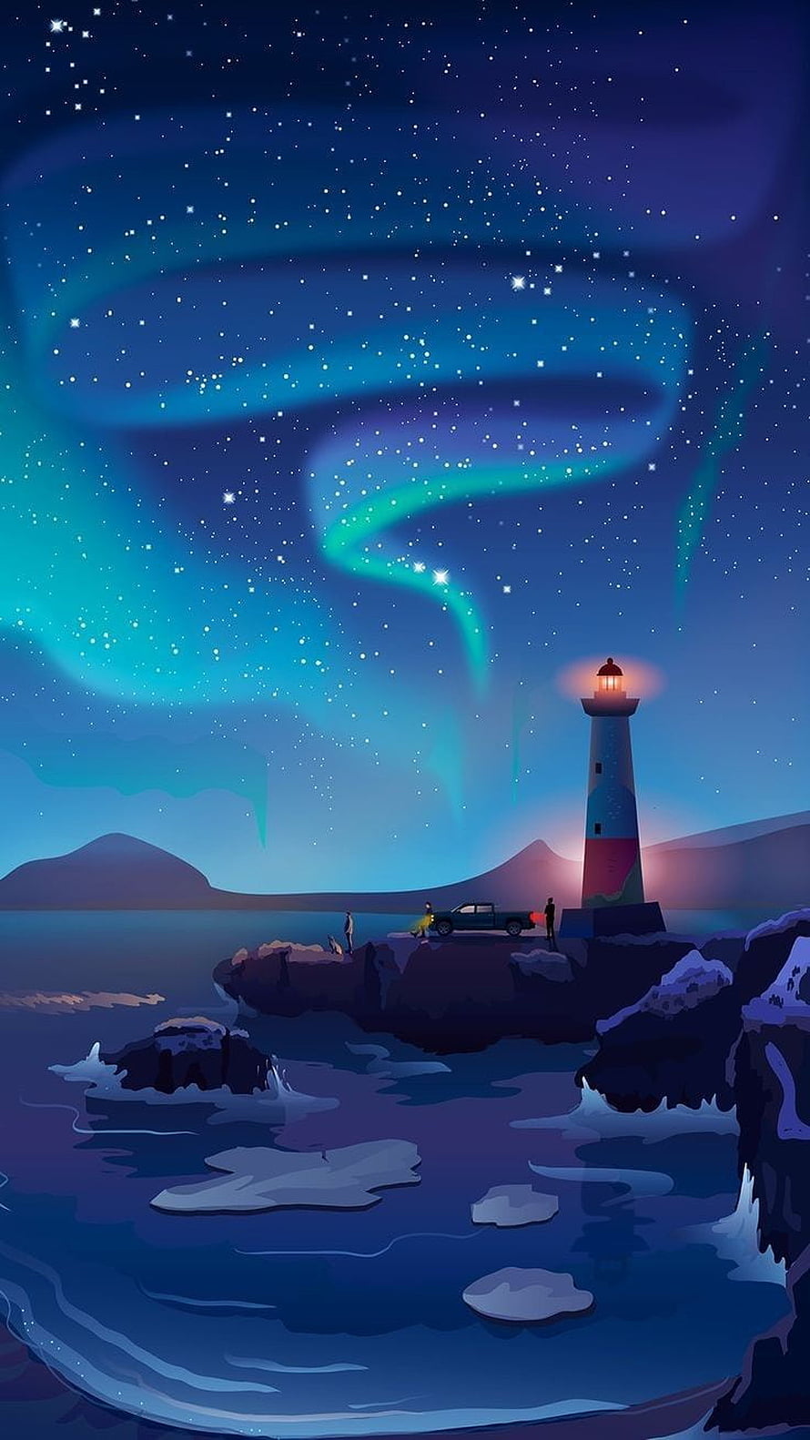 Lighthouse on Rocky Coast Under Aurora Borealis Night Sky HD phone wallpaper