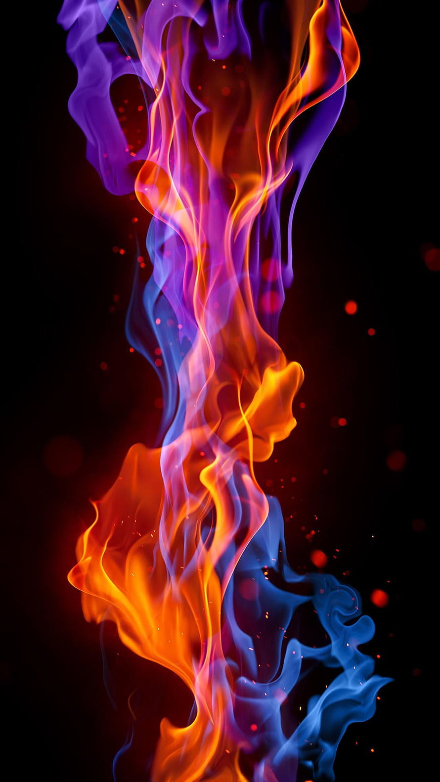 Vibrant Blue and Orange Flame Plume with Purple Smoke on Black Background HD phone wallpaper