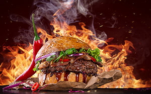 Spicy Flame-Grilled Beef Burger With Fresh Lettuce, Red Onion, And Chili Pepper HD wallpaper